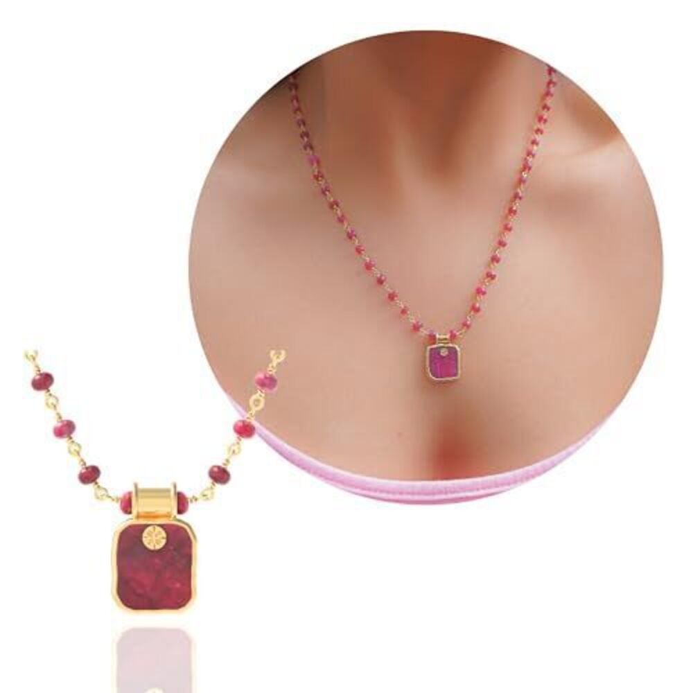 3907 Ruby Necklace , Square Premium Gold Beaded Necklaces - Tarnish Free